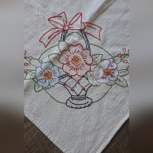 Vintage Homemade Embroidered Cotton Tablecloth Floral 32" x 34" Multi-colored